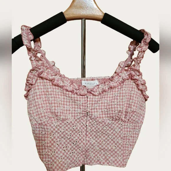 COQUETTE Feminine GINGHAM Eyelet PINK Ruffled Women's CROP Top CAMI EUC - Picture 7 of 7